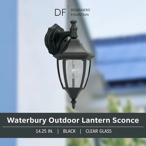Vista 2 de Designers Fountain Waterbury Luminaria Exterior, Farol de Pared Exterior de 14.25 Pulgadas con Aplique para Puerta Principal, Patio y Porche, Negro