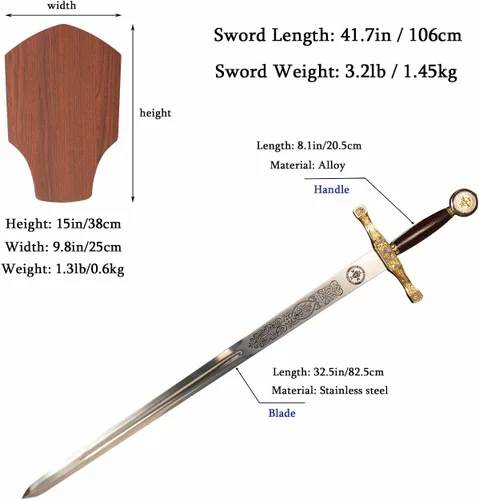 Vista 2 de Espada medieval King Arthur Excalibur de 42 pulgadas con placa de exhibición