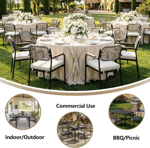 Vista 6 de Juego de 2 sillas de comedor para exteriores, sillas de comedor de mimbre para patio con cojines extraíbles, silla de mesa rectangular para patio