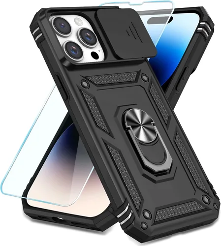 Vista 23 de SunStory Compatible con iPhone 13 Case/iPhone 14 Case con Protector de Pantalla HD y Cubierta de Cámara Deslizante y Soporte de Anillo Giratorio