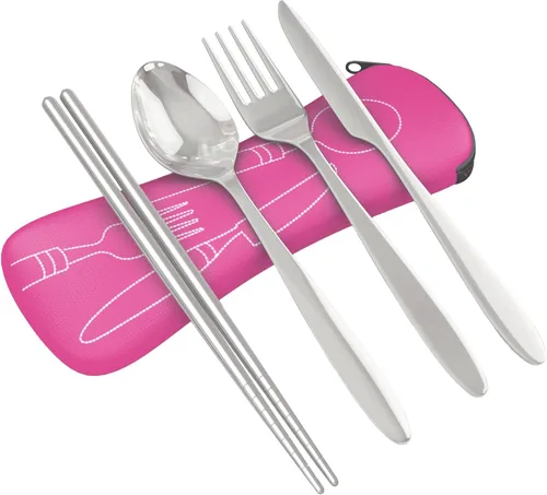 Vista 13 de Set de 4 unidades (cuchillo, tenedor, cuchara, palillos) para Viajes/Camping –Cubertería de acero inoxidable con funda de neopreno