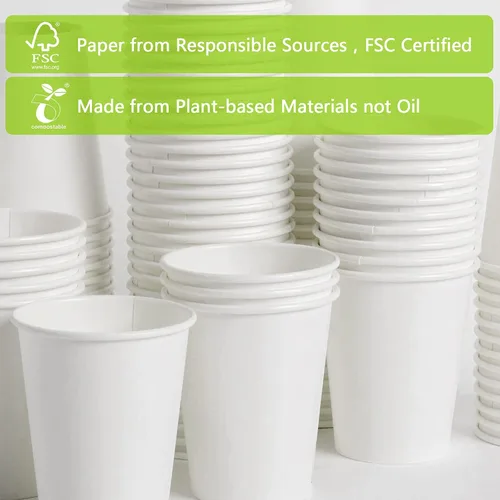Vista 4 de MayTree Vasos de papel compostables y biodegradables de 8 onzas para agua caliente, soporte para té, para llevar y taza de café fría, paquete de 250
