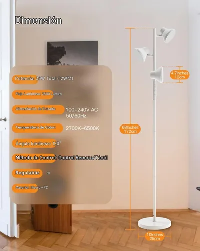Vista 9 de SIBRILLE - Lámpara de pie LED, lámpara de pie moderna de 36W con control remoto y táctil, 4 temperaturas de color, lámpara de pie con 3 luces