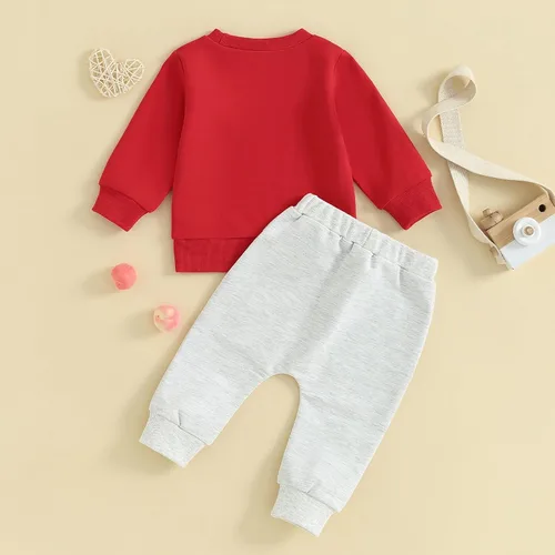 Vista 3 de AEEMCEM Conjunto de sudadera con estampado de letras para el día de San Valentín para bebé, 2 piezas, ropa de San Valentín