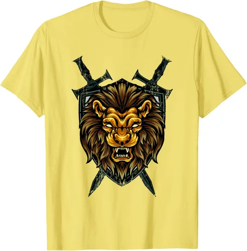 Vista 72 de Camiseta con diseño de caballero medieval renacentista, con diseño de espada de león, Negro, S