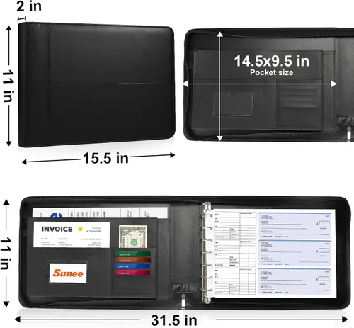 Vista 2 de SUNEE Carpeta de Talonario de Cheques Comercial con Cremallera de 7 Anillos de 1 Pulgada con Cremallera para Cheques Comerciales (9" x 13"), Carpeta
