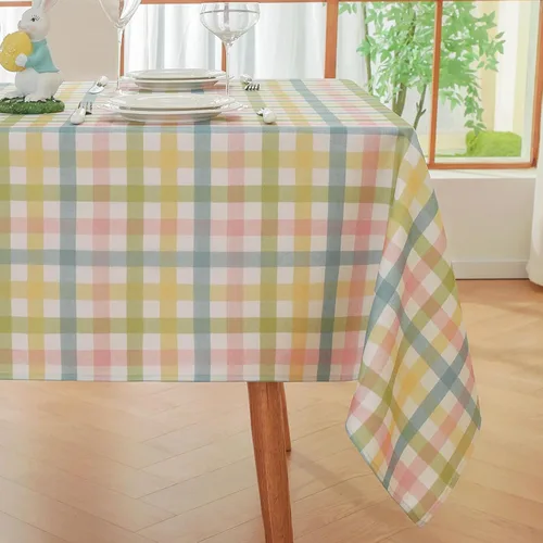Vista 14 de Alsoo Mantel redondo de cuadros beige de 60 pulgadas, mantel circular a cuadros, lavable, sin arrugas, de lino y algodón, para picnic, cocina