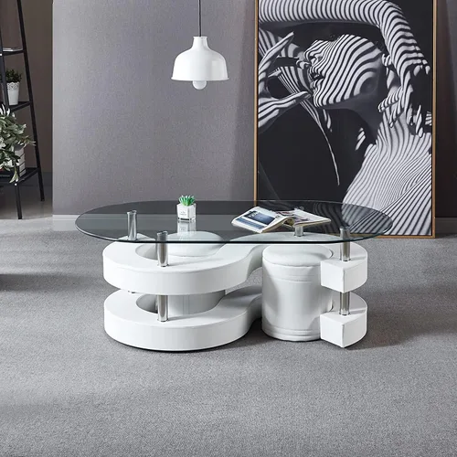 Vista 2 de Juego de mesa auxiliar contemporánea, mesa de centro ovalada de vidrio con base en forma de S y 2 taburetes de piel sintética, mesa de centro