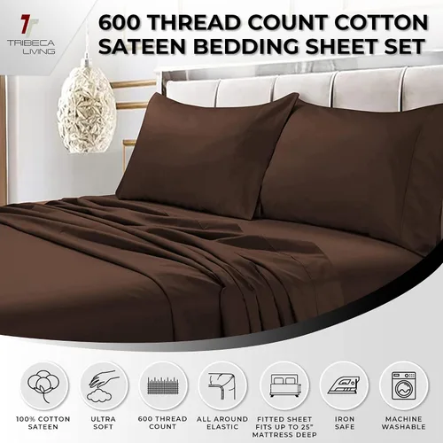 Vista 3 de Tribeca Living Juego de funda de almohada de satén de algodón egipcio suave, bolsillo extra profundo, 600 hilos, sábana de cama, Queen, chocolate