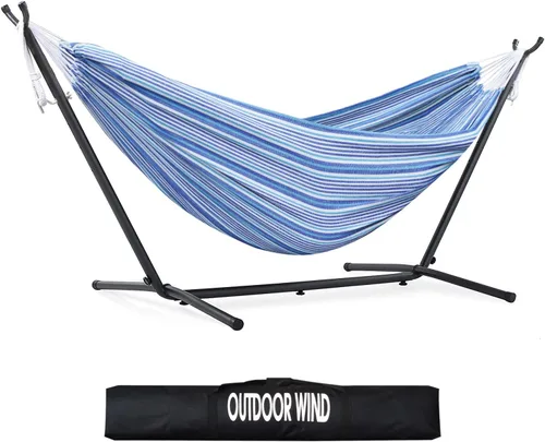 Vista 11 de Hamaca doble ajustable de capacidad de 550 libras con soporte de acero resistente de 10 pies, incluye funda de transporte portátil, fácil de Azul