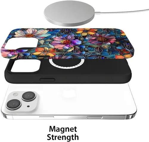 Vista 3 de Funda compatible con iPhone 13, compatible con MagSafe, funda híbrida de 2 capas con prevención de caídas brillante para niñas y niños, arte floral
