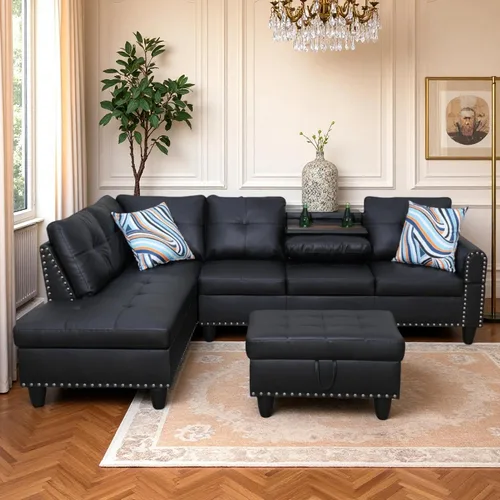 Vista 4 de Sofá Seccional de Cuero con Chaise Móvil y Otomana de Almacenamiento, Sofás Modulares Convertibles en Forma de L de 3 Piezas para Sala de Estar