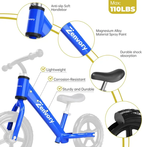 Vista 5 de Toddler Balance Bike Age 2-5, 12 Inches, Tool-Free Adjustable Azul