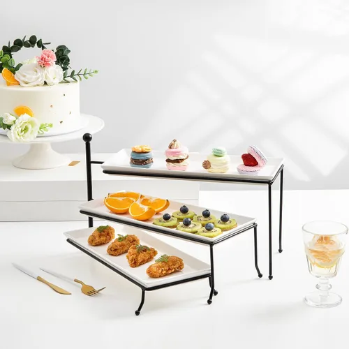 Vista 3 de Sweese Soporte para servir de 3 niveles, soporte rectangular plegable de exhibición de alimentos con platos de porcelana blanca, bandejas