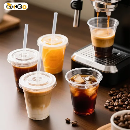 Vista 5 de Ginkgo Paquete de 100 tazas de plástico de 12 onzas con tapas y popotes, tazas de café desechables transparentes para llevar, tazas de café helado
