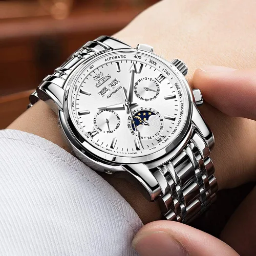 Vista 2 de OLEVS Reloj de pulsera para hombre, diseño de esqueleto, automático, de lujo, con cara grande, multicalendario, de acero inoxidable, impermeable