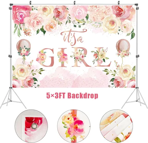 Vista 3 de Decoraciones de baby shower para niña, globos de baby shower con temática floral, letrero de fondo para fiesta de revelación de género