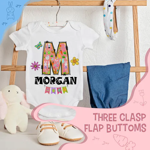 Vista 3 de Regalos personalizados de Pascua para bebés para niños y niñas, 9 diseños únicos, mamelucos unisex con nombre inicial personalizado, ropa infantil