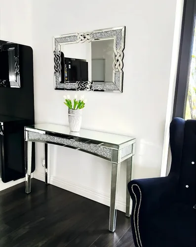 Vista 2 de Espejo de diamante triturado plateado: decoración rectangular de pared 35.4 x 23.6 pulgadas Espejo decorativo de lujo con espejo de cristal