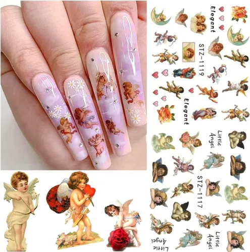 Vista 6 de 8 hojas de calcomanías de arte de uñas de San Valentín – Angel Cupid Water Transfer Foil – Diseños de corazón para mujeres y niñas – Decoración