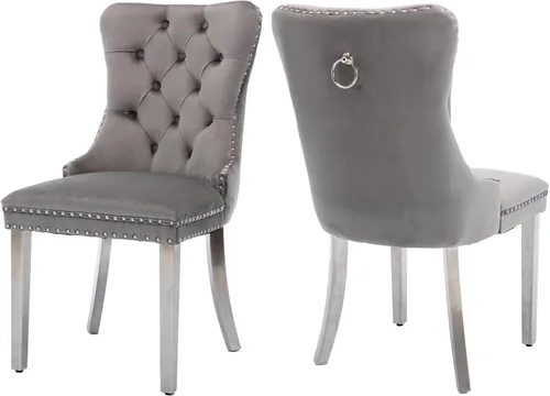 Vista 41 de Juego de 2 sillas de comedor de terciopelo, sillas de comedor tapizadas con tirador de anillo trasero, ribete de cabeza de clavo y patas doradas