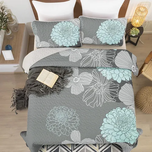 Vista 4 de Anibedding Juego de edredón con estampado floral verde, tamaño King, colcha de 3 piezas, elegante colcha de flores bohemias con 2 fundas de Gris