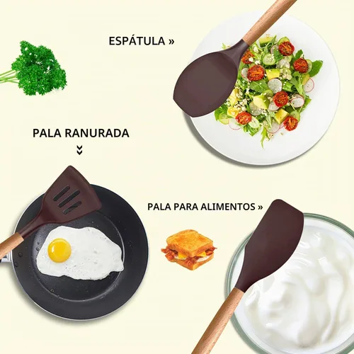 Vista 3 de MIBOTE Juego de utensilios de cocina de silicona con soporte, mangos de madera, pinzas para voltear, espátula, cuchara, utensilios de cocina