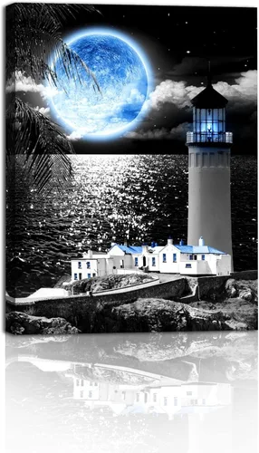 Vista 2 de Lienzo decorativo de pared con diseño de faro costero, decoración de pared de luna azul, decoración blanca y negra para oficina en casa, póster