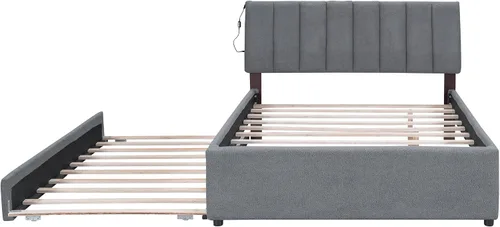 Vista 7 de P PURLOVE Cama de plataforma tapizada de tamaño matrimonial con nido, marco de cama tapizado con luces LED, cama de plataforma de vellón de peluche