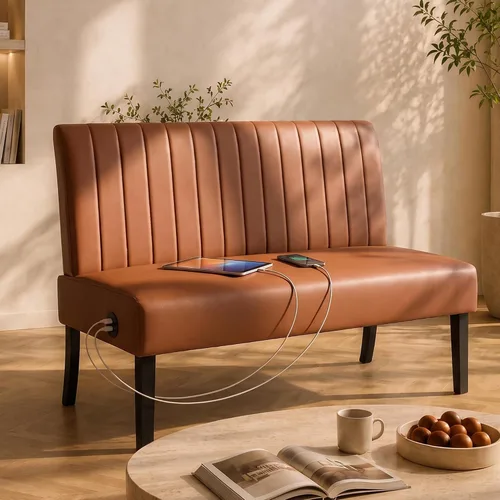 Vista 12 de STHOUYN Mini sofá pequeño de cuero negro de 43 pulgadas de ancho, sofá biplaza sin brazos para dormitorio con puerto USB, sofás pequeños
