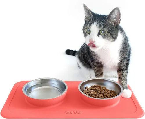 Vista 8 de Ono Good Bowl - Comedero doble para alimentos y agua, tapete de silicona antideslizante para mascotas pequeñas a medianas y cuencos de acero