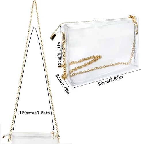 Vista 7 de DaKuan Bolso cruzado transparente aprobado para estadios para mujer, bolso transparente impermeable con cadena dorada 7.9x5.1x0.8 in, correa