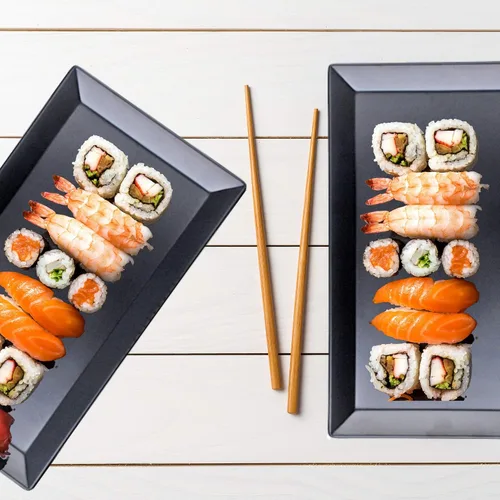 Vista 4 de Needzo Plato rectangular negro de melamina para sushi, plato de aperitivo asiático, vajilla de cocina japonesa, 11 1/4 x 6 1/2 pulgadas, juego de 2