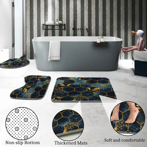 Vista 4 de Poedist Juego de 4 cortinas de ducha de baño, juegos de baño con alfombras (tapete de baño, forma de U y tapa de inodoro) y 12 ganchos, mármol