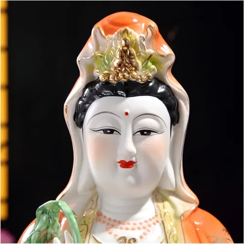 Vista 5 de Estatua de Guan Yin Estatua de Buda budista Estatua de Guanyin Artesanía de cerámica de porcelana a todo color sentado loto Guanyin Estatua de Buda