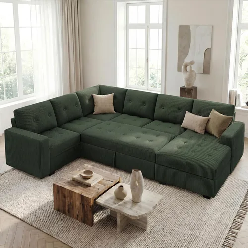 Vista 13 de HONBAY Sofá Seccional Cama Extraíble, Sofá Seccional en Forma de U con Chaise de Almacenamiento, Sofá Cama para Sala de Estar, Beige