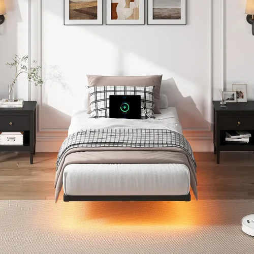 Vista 7 de YORMDMO Base de cama flotante tamaño individual, marco de cama resistente con luces LED inteligentes y estación de carga, cama moderna de plataforma