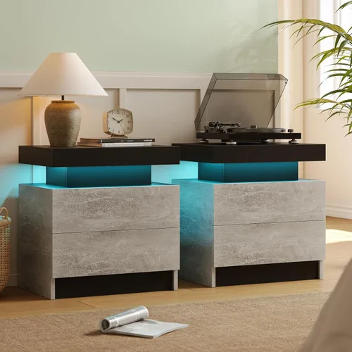 Vista 12 de Juego de 2 mesitas de noche con 2 cajones de madera, moderna mesita de noche LED para dormitorio