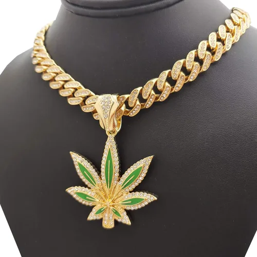 Vista 2 de Colgante de hoja de marihuana Hip Hop y collar de cadena de aleación de gargantilla cubana de 18 pulgadas con cerradura de caja helada, chapado
