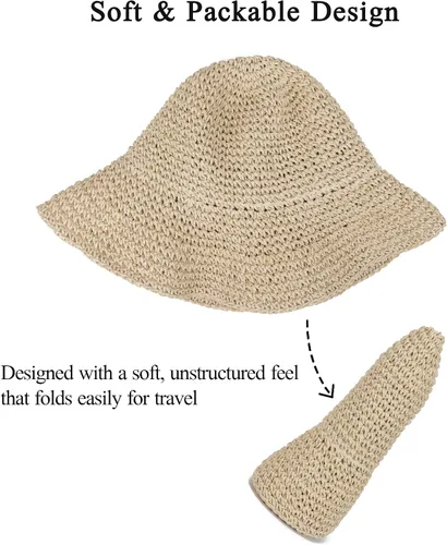 Vista 6 de Sombrero de paja para mujer, plegable, plegable, de ala ancha, para verano, playa, sombrero de ganchillo