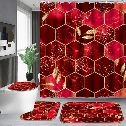 Vista 8 de Poedist Juego de 4 cortinas de ducha de baño, juegos de baño con alfombras (tapete de baño, forma de U y tapa de inodoro) y 12 ganchos, mármol