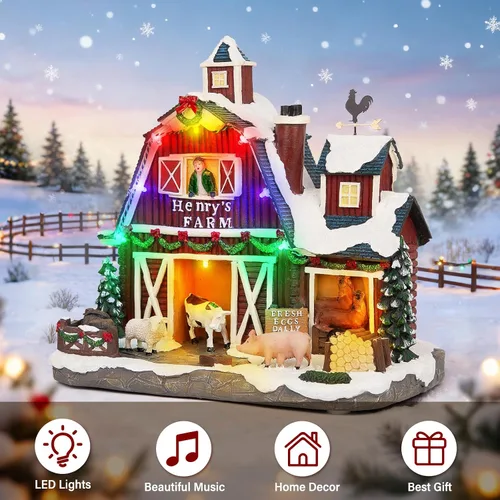 Vista 3 de Aldea Navideña Musical de Granja con Iluminación LED - Granero de Granja de 10.4", Gran Edificio Coleccionable de Navidad con Modos Duales de Luz