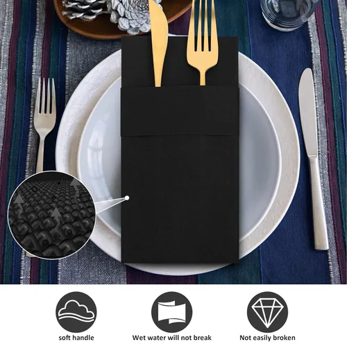 Vista 4 de Cindeer 150 Pz Servilletas de Lino Negras para Cena con Sensación de Lino, Bolsillo Plano Incorporado, Preplegadas, Toalla de Mano Desechable