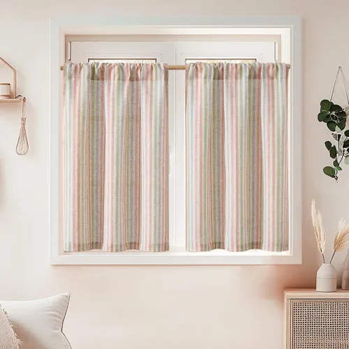 Vista 75 de Jinchan - Cortinas de lino a rayas para cocina, 24 pulgadas, beige, 2