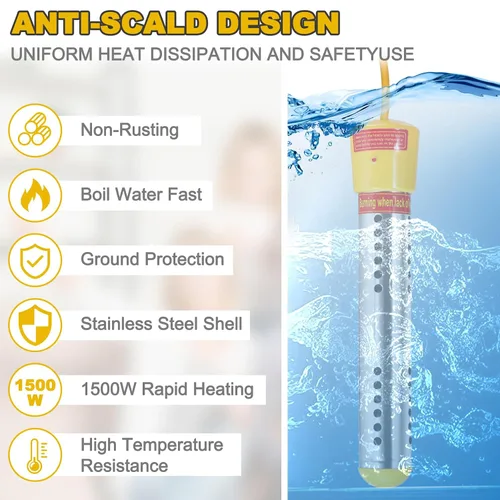 Vista 6 de Calentador de agua de inmersión, calentador de agua portátil con apagado automático temporizado, calentador de agua sumergible eléctrico portátil