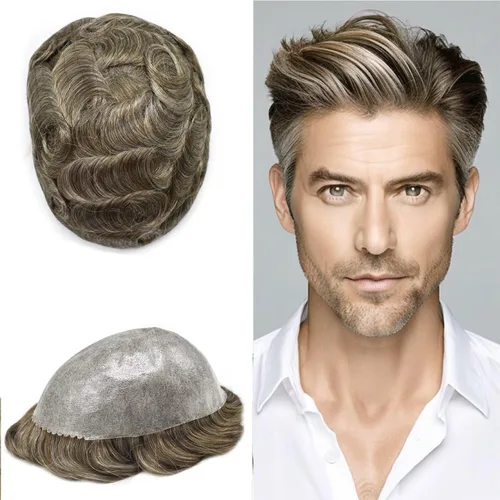 Vista 143 de Toupee para hombre 100% cabello humano real tupé para hombres 0.004 in piel de poliuretano para hombre, sistema de reemplazo de piezas de pelo