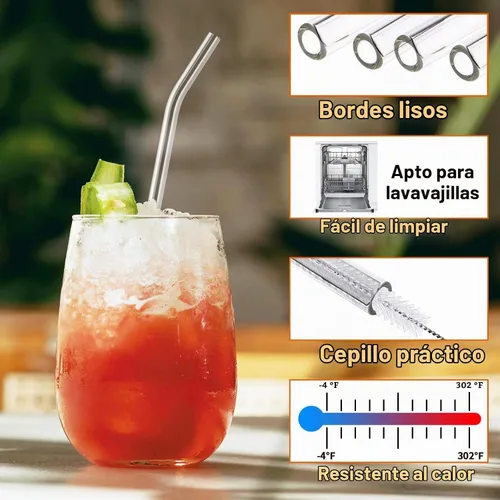 Vista 3 de Pajitas de vidrio – Juego de 24 popotes de vidrio transparente, popotes reutilizables de 10 pulgadas con cepillo de limpieza para vasos, Tervis