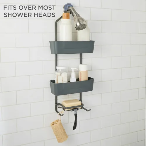 Vista 3 de Bath Bliss Tier - Organizador colgante de aluminio, cabeza, con ganchos de lufa, jabonera, capacidad para botellas grandes y pequeñas, organización
