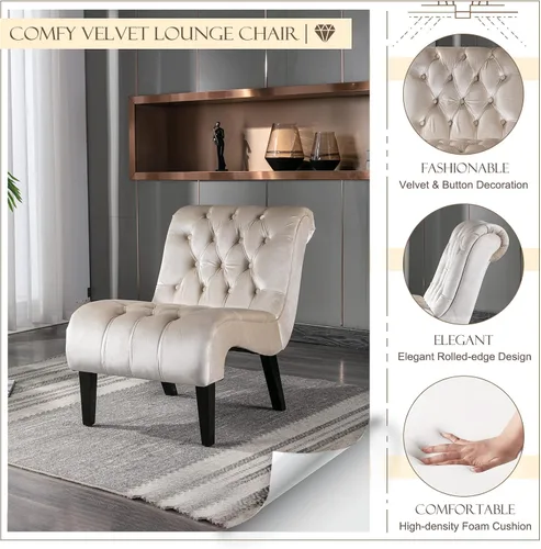 Vista 4 de Sillón decorativo de terciopelo para sala de estar, silla de ocio moderna con respaldo copetudo, silla auxiliar sin brazos para interiores, sillas