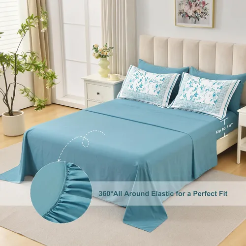 Vista 5 de Dobuyly Juego de edredón floral tamaño Queen, 7 piezas de cama en una bolsa, tamaño Queen, juego de ropa de cama botánico de flores aguamarina sobre